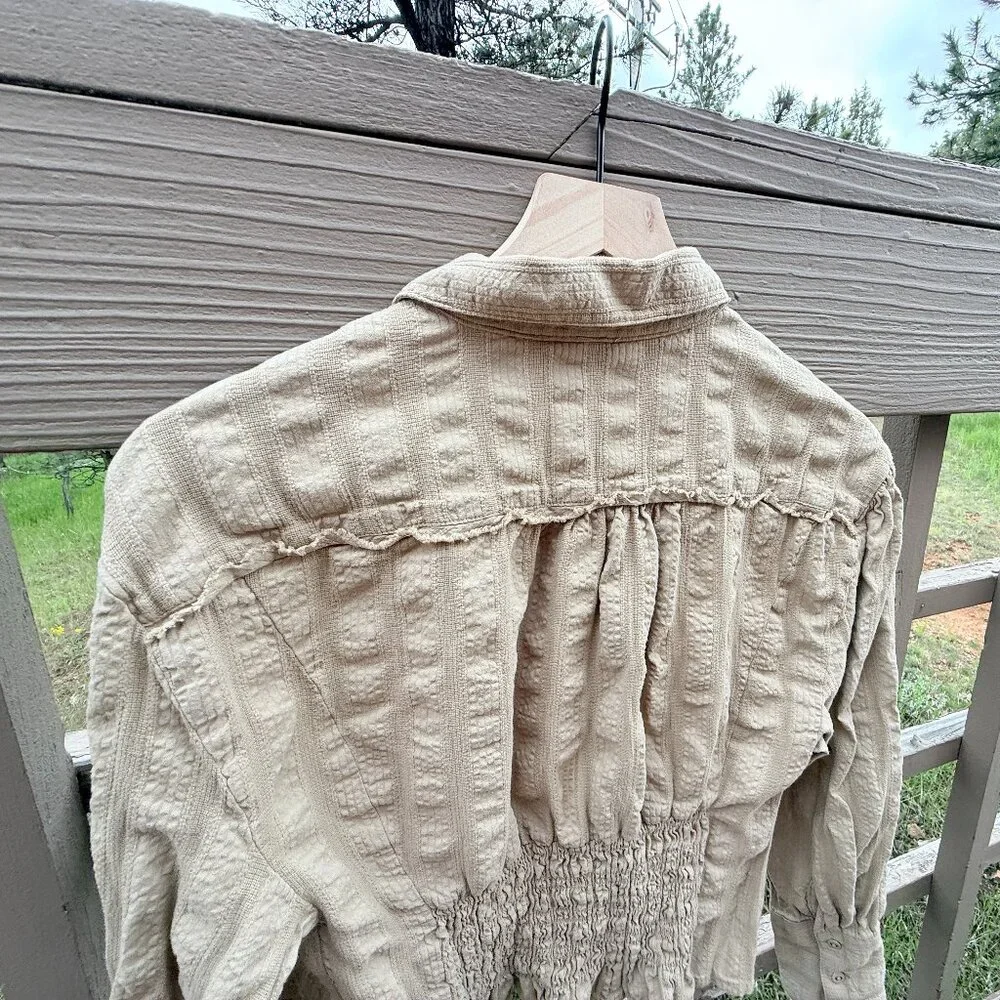 Free People Tammy Textured, Ruched Khaki Button Down